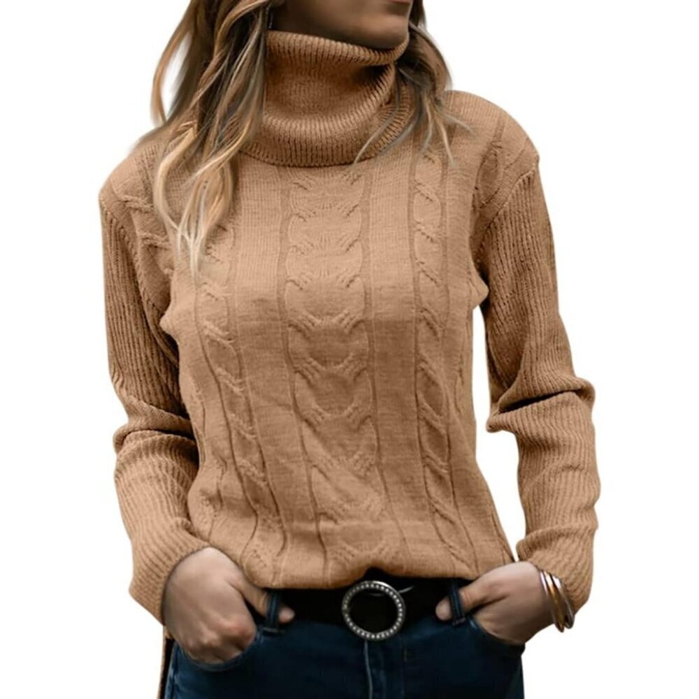 Womens Apricot Pull On Cable Knit Turtleneck Long Sleeve Casual Warm Sweaters